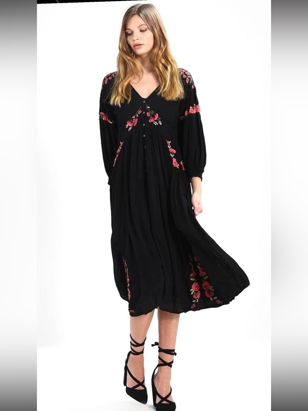Free People Black Midi Dress with Pink Floral Embroidery